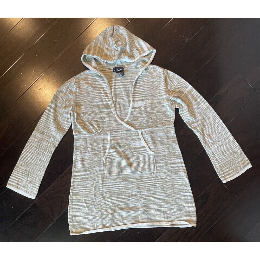 Athleta Hooded Sweater Lg Tan Striped V-Neck Tunic Boho Athleisure Loungewear